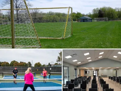 soccer nets, pickleball players and hall