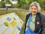 Indigenous woman looking at interpretative signs at Elbow Lake Centre