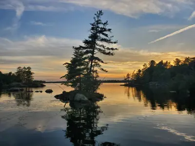 Small island on a lake in a sunset 